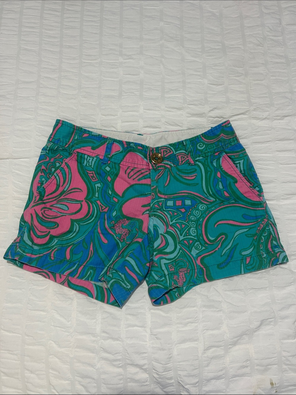Lilly Pulitzer Teal and Pink Paisley Print Jean Shorts